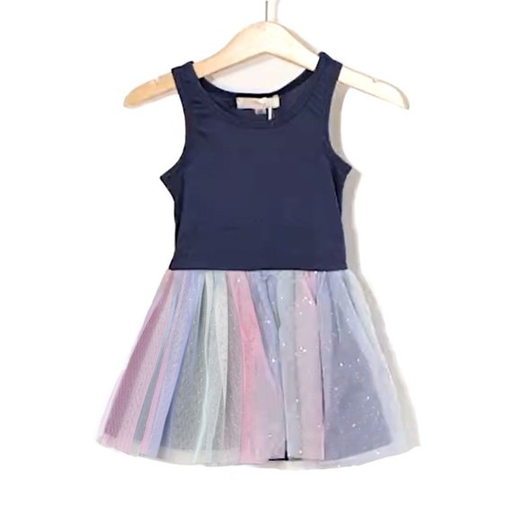 NEW TRULY ME Kid Navy Rainbow Sequin Star Glitter Tulle Sweater & Tank Dress Set - Picture 6 of 7
